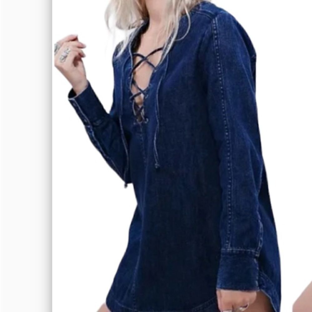 Free People Denim Tunic Denim Indigo  Neopolitan Dreams Long Sleeve Top Size XS